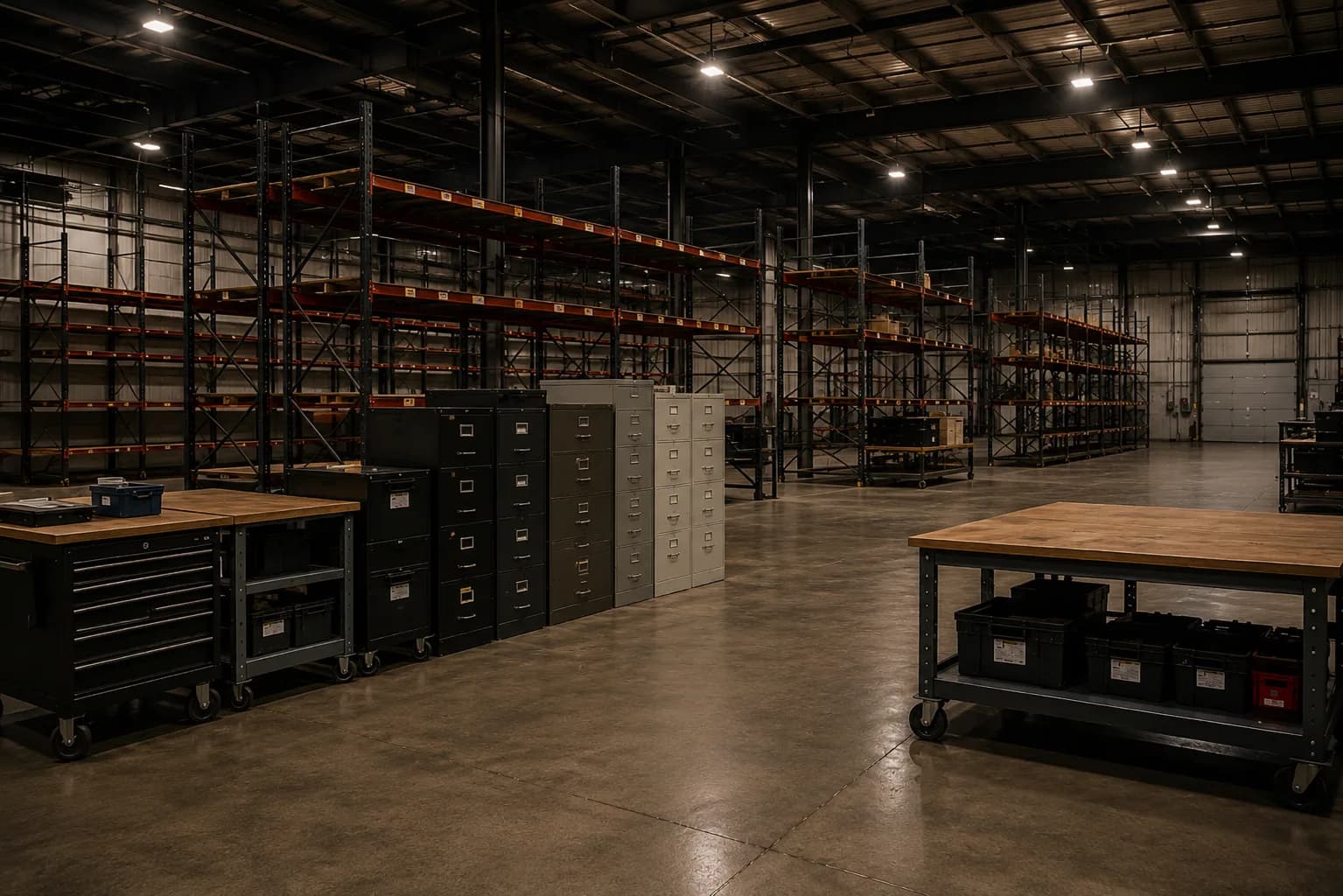 Records, filing cabinets, and office assets staged for a commercial liquidation.