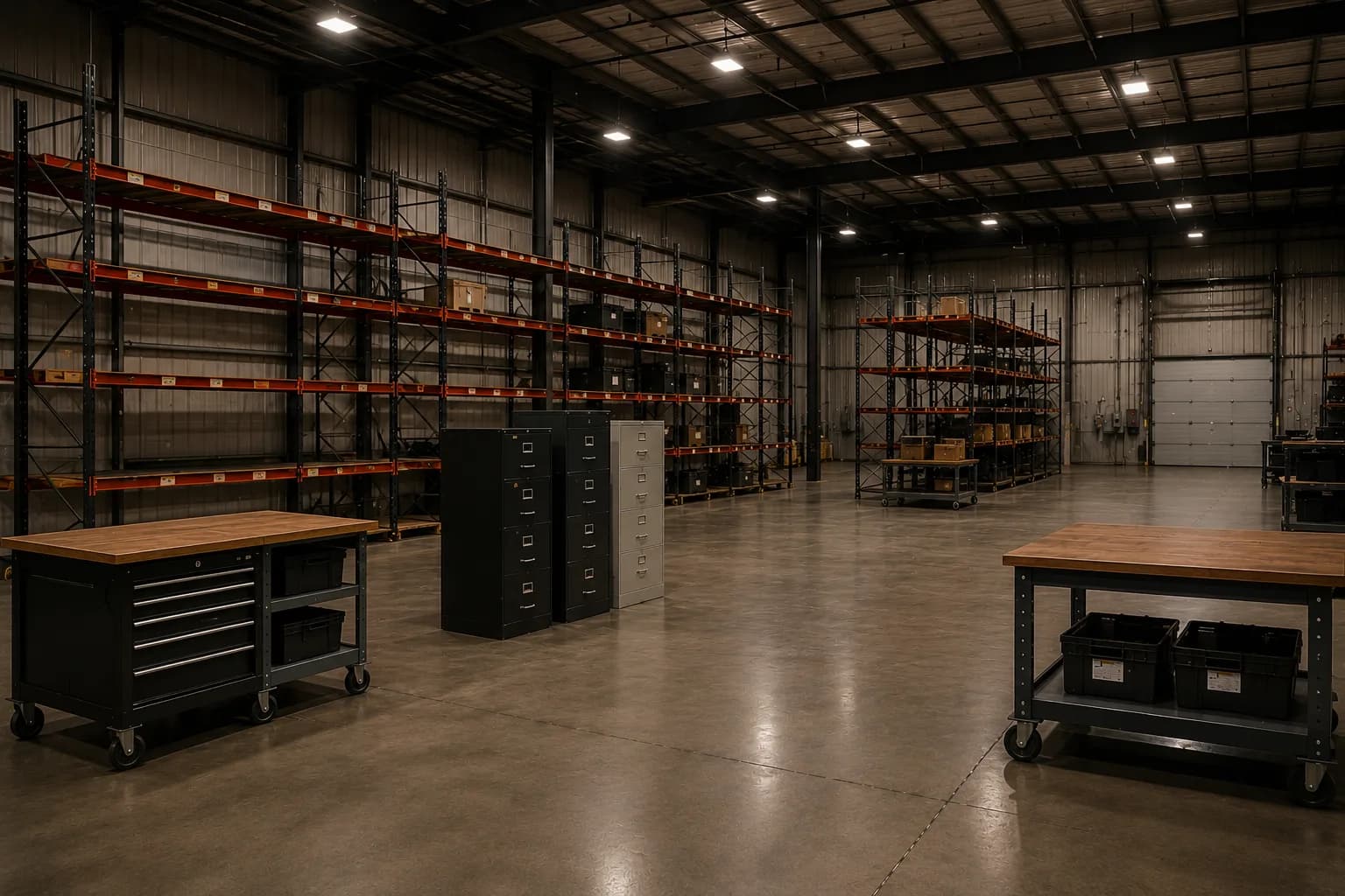 A commercial liquidation floor with staged equipment and shelving.
