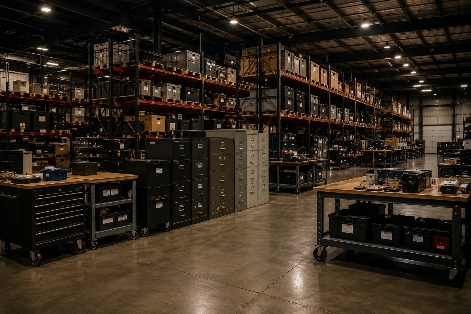 An organized commercial liquidation warehouse with pallet racking and staged assets.