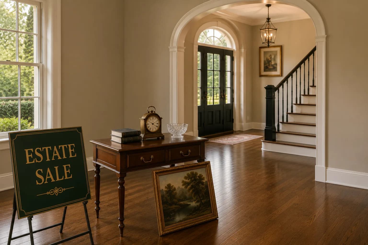A sunlit estate-home foyer staged for an estate sale, with an antique table and framed artwork.